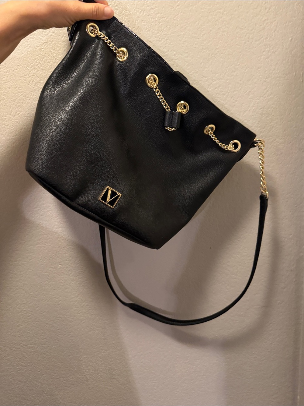 Victoria's Secret Black Bucket Shoulder Bag with Gold Hardware